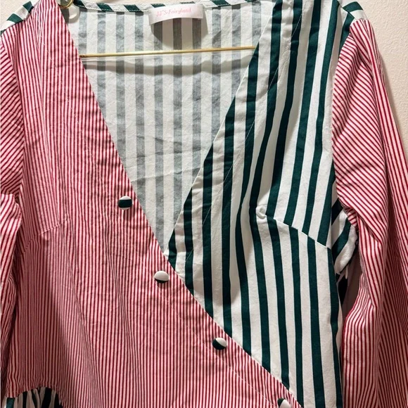 Striped Patchwork Button-Down Blouse in Pink and Green - Picture 3 of 8
